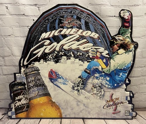 Vintage Michelob Golden Draft Beer Sign Snowboarder Tin Metal Light Embossed