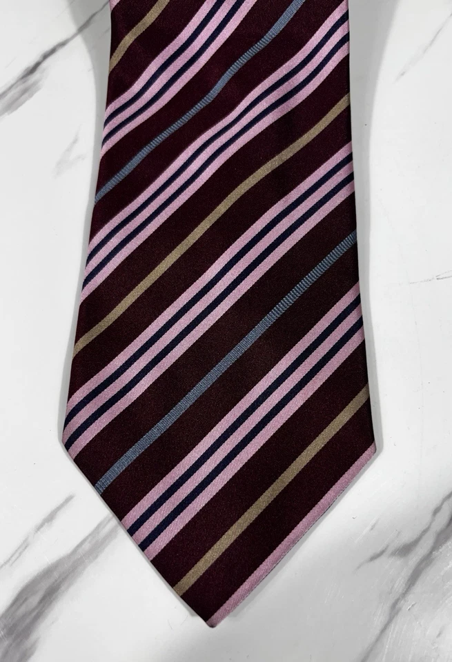 Corbata Burberry Rosa Rojo Azul Oro Rayas 100% Seda Hecha en Italia 3.5" 57L Foto 2 de 4