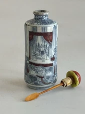 Antique Qing Daoguang Chinese Porcelain Snuff Bottle Blue & Red Figural 3.5”