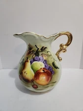 Lefton China Hand Painted Fruit Themed Pitcher, 6280, Gold Trim, Vintage, 5.5 In