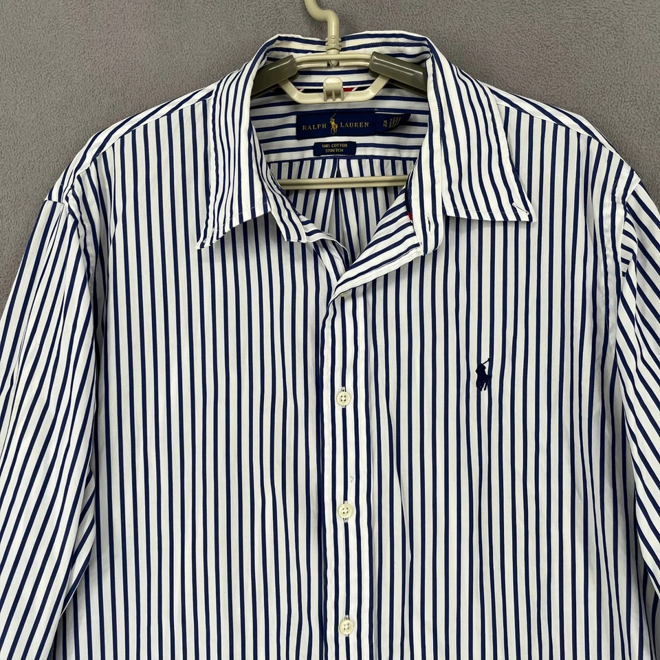 Camisa masculina Ralph Lauren extra grande listrada azul branca botão longo elástico - Imagem 2 de 4