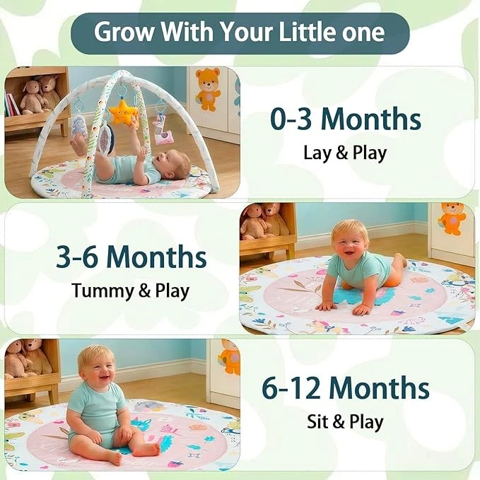Baby Play Mat and Activity Gym, Colorful Animal Design with 5 Hanging Toys