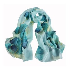 100 Mulberry Silk Women's Flower Print Thin Neck Silk Scarf ShawlBlue Green ...