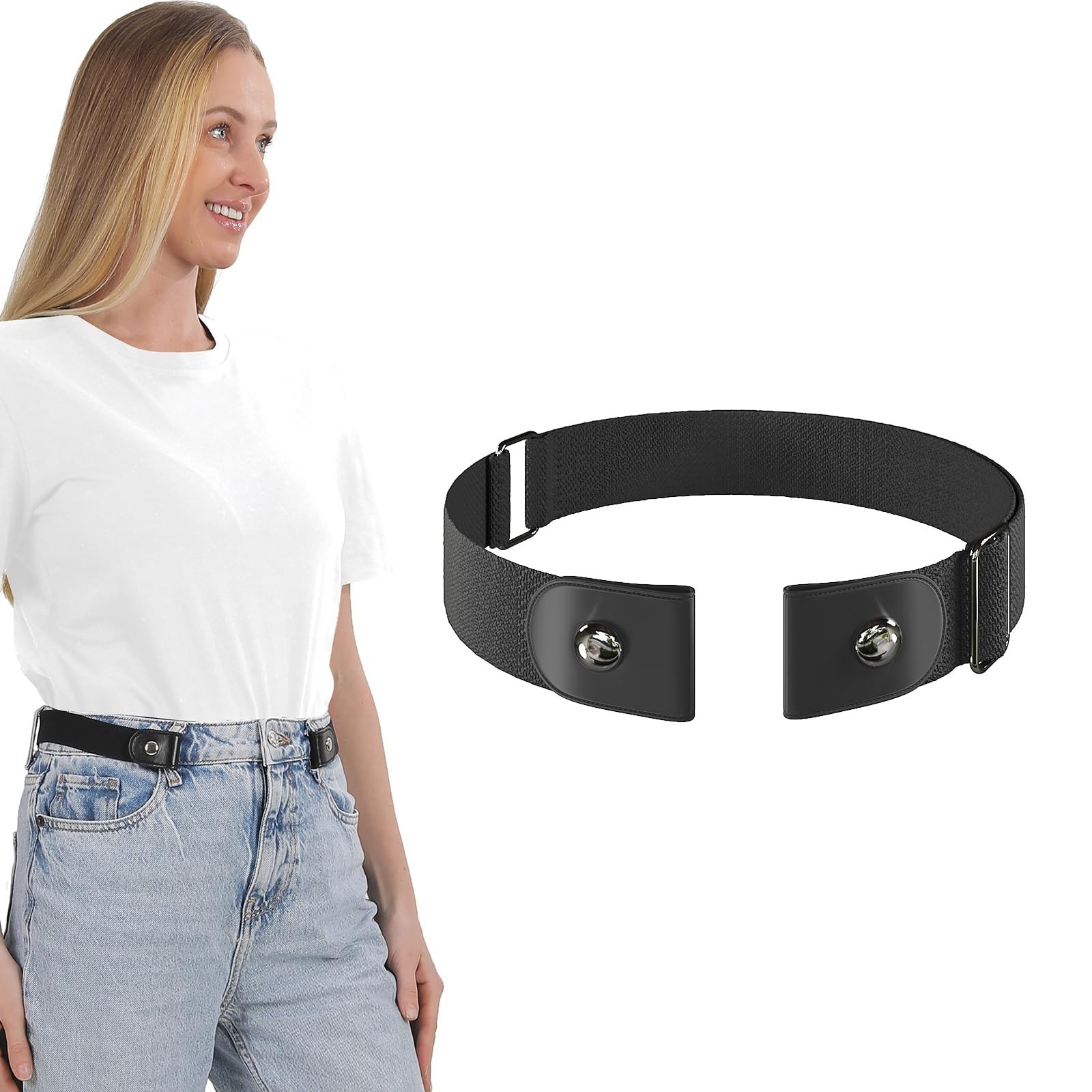 No Buckle Elastic Belt, Stretch Invisible Belt for Jeans, Unisex, 1 Pack Blac...