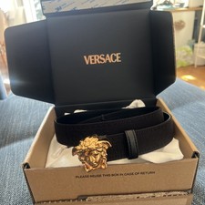 Authentic Versace Men's Belt Gold  Medusa Head Black Calfskin Leather 1.2