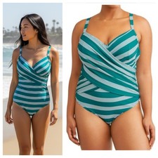 New Terra Sky Swimsuit One Pc. Sz 2X 20W 22W Teal White Striped Cruise Beach b