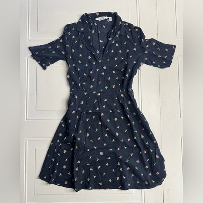 Paris Atelier & Other Stories Fit Flare Navy Blue Floral Collar Midi Dress Sz 6