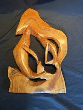 Hand Carved  Wood Carving Wall Sculpture, Mom and Baby Whales Dancing