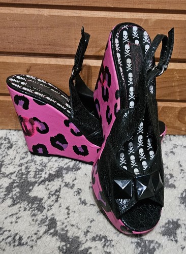 Vintage Y2k Iron Fist Drop Deadpink And Purple Leopard Stud Wedge Heels Size 7