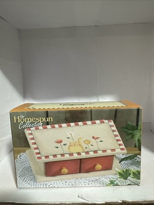 The Homespun Collection Cat And Flowers Painted Wood 2 Drawer Box
