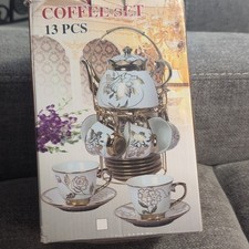 13pc Floral Porcelain Tea Set w/ 5oz Cups Saucers Stand Spoons Box