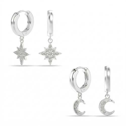 Moon and Star Huggie Hoop Earrings Silver Plated Small Dangle Jewelry
