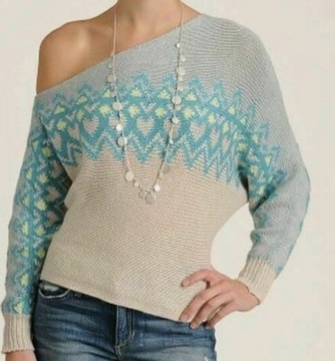 Free People Heart Isle Off Shoulder Knit Sweater XS Alpine Blue Fair Isle Boho Y