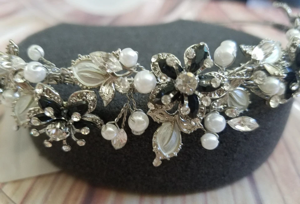 Davids Bridal Tiara Collection Headpiece Rhodium Pearl Crown W/ Apple Stones a10 - Image 2 of 4