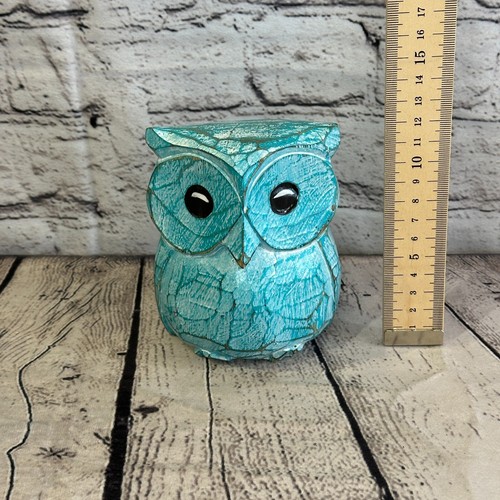 12cm x 10cm Green Flower Wooden Shabby Owl Statue Ornament Fair Trade Handcarved - Picture 7 of 11