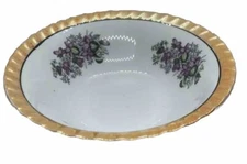 Yamatsu Japan Serving Bowl White Gold Trim Purple Flowers 7” Vintage Dessert