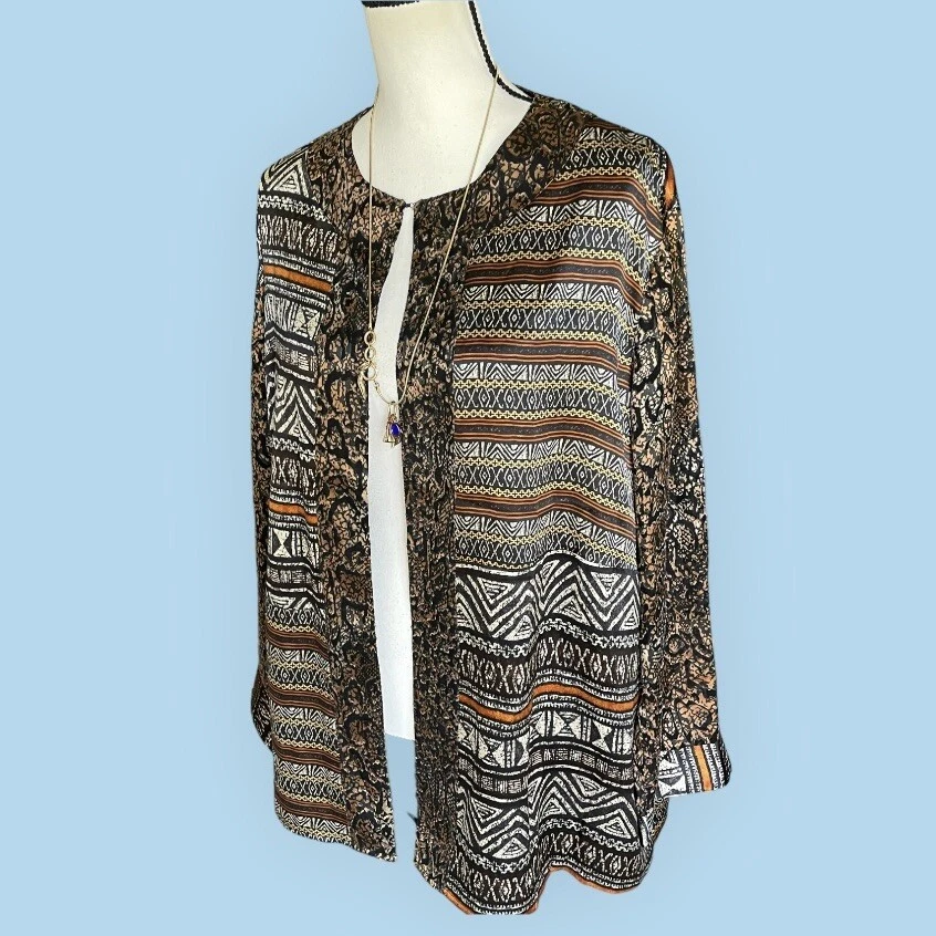 Laura Ashley Woman 100% Silk Mixed Animal Print Cardigan Top Plus 2X 16 18 Brown - Image 2 of 4