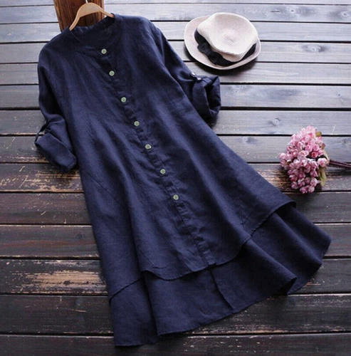 Mujeres Informal Algodón Lino Camisa Vestido Retro Botón Suelto Túnica Blusa Prendas para el torso Playa - Imagen 21 de 40