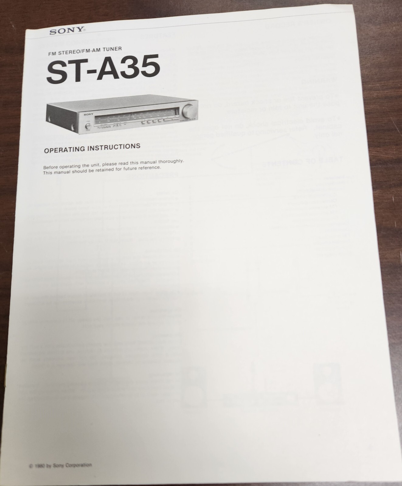 Sony ST-A35 FM Stereo/FM-AM Tuner Operating Instructions