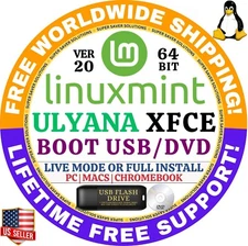 MINT 20 Linux OS Bootable USB Ulyana XFCE 64-Bit Live Boot, Full Install MAC/PC