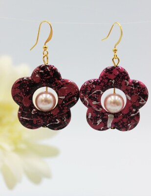 Glass Jewels Gold Earrings Dangle Beads Acrylic Flower Pink Rose Hippie #D020