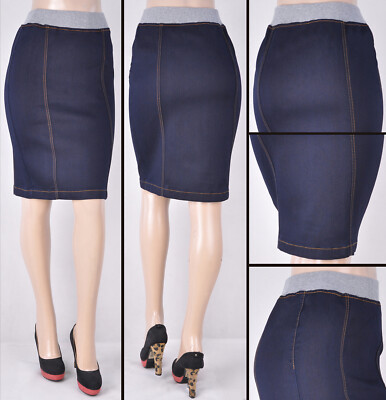 Laides 23'' knee Length Skirt Dark Stretch Denim Pencil  Elastic W/B SG-77366