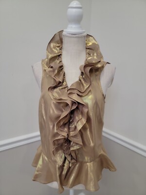 Lauren Ralf Lauren TopGold Metallic Sleeveless Ruffles Top Silk Size 10