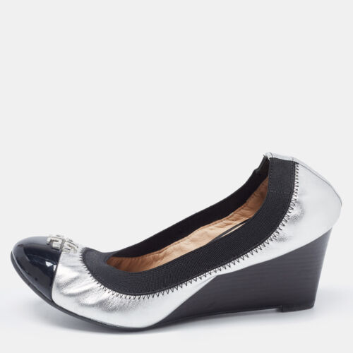 Tory Burch Silver/Black Foil Leather Scrunch Wedge Pumps Size 35 - Picture 1 of 9