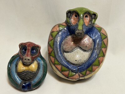 Rare Vintage 90 s South African Genuine Raku Pottery Large and Small Baboon Pair