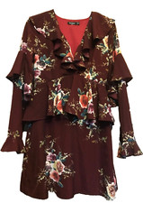 A Ladies Burgundy, Floral print, Ruffled, Peplum Dress by Boohoo