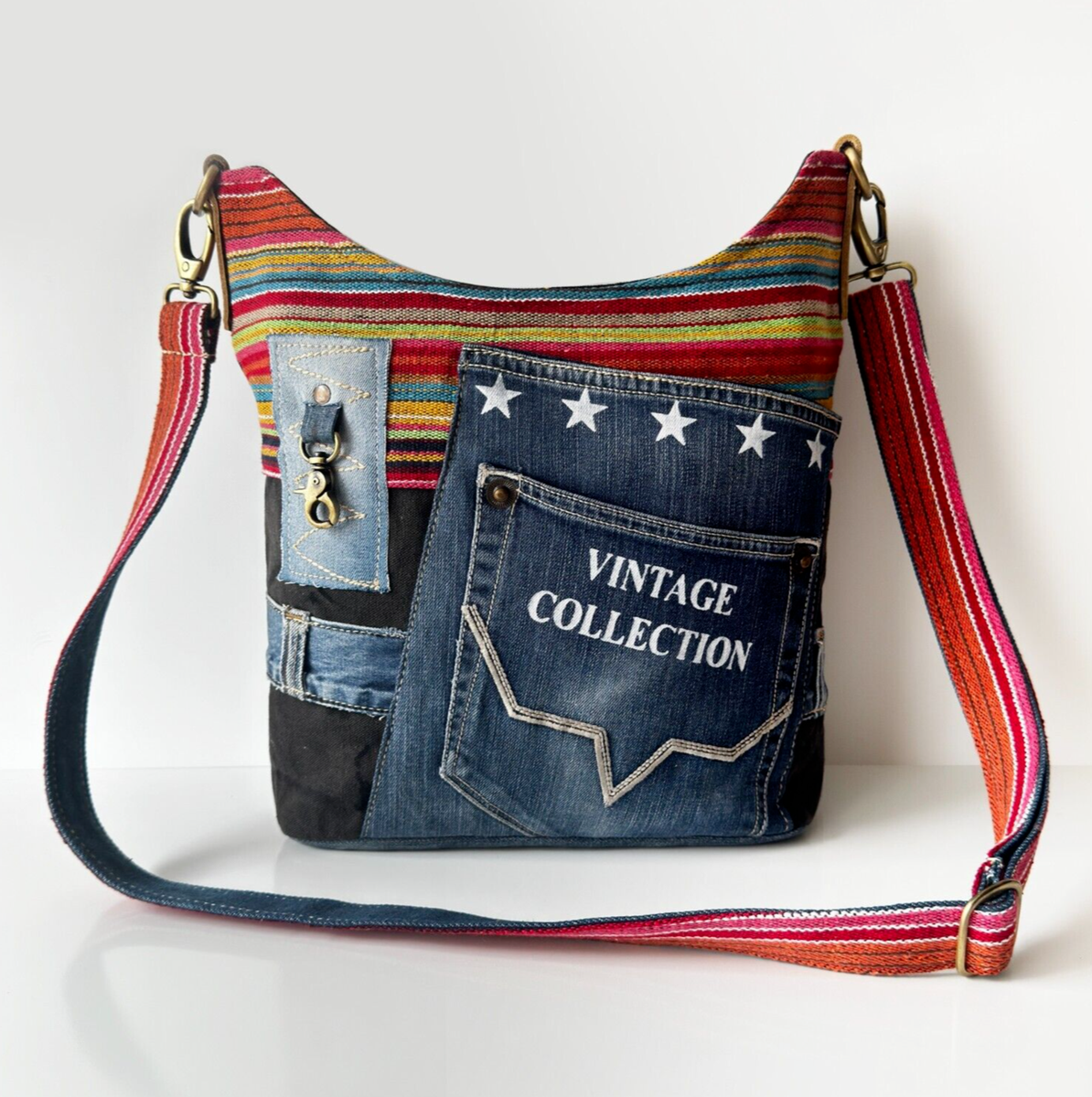 Denim Crossbody Bag with Colorful Straps - Upcycled Canvas