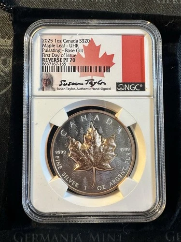 2025 Canada Maple Pulsating Rose Gold Gild 1 oz Silver NGC PF70 Reverse Proof