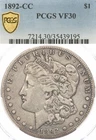 1892-CC $1 PCGS VF30 Morgan Silver Dollar Carson City