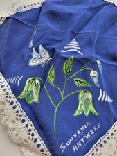 Vintage Ladies Hankie Blue Souviner Of Antwerp Hand Painted