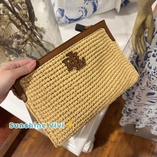 NWT Ralph Lauren Large Adley Straw Leather Pouch Natural/Lauren Tan