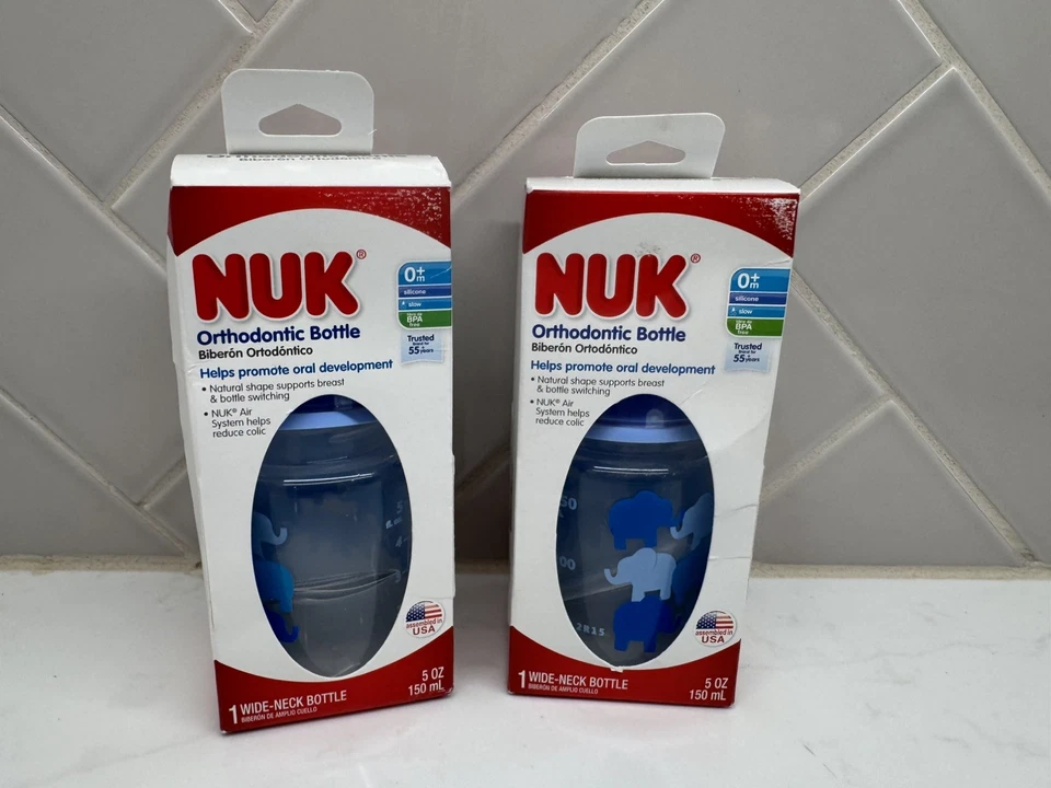 2 Botellas de Ortodoncia NUK Botellas de 5 Onzas con Pezones Azul Elefante Anticólicos Foto 2 de 4
