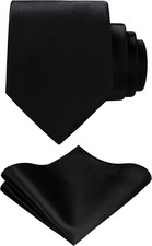 TIE G Solid Satin Woven dyed Color Formal Black Necktie and Pocket Square Sets i