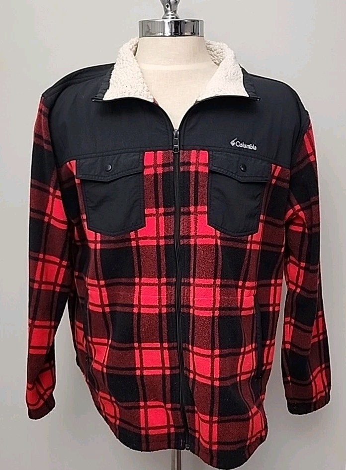 Columbia Men's 2XL Red Buffalo Plaid Fleece Sherpa Collar Jacket XXL