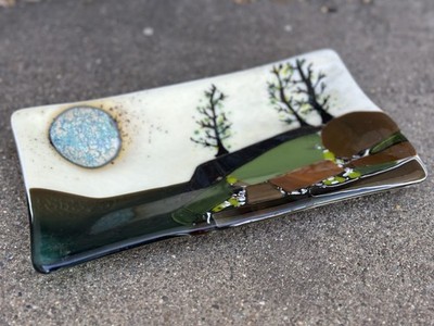 Glass Trinket Dish Studio Art Landscape Moon Scene Handmade Unique