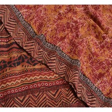 Sanskriti Vintage Saree Red Pure Crepe Abstract Printed Sari 5 Yd Craft Fabric