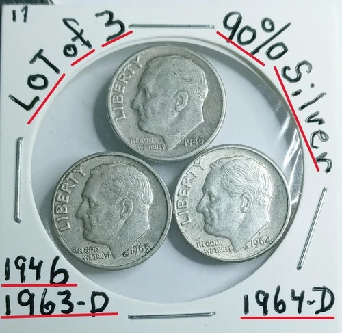 LoT of 3 Roosevelt Dimes 1946-1963 D Error RPM 1964 D 90% VG Condition LookJudge