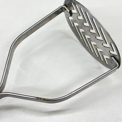 Vintage Crestline Stainless Potato Masher USA Chevron Slotted Head Black Handles