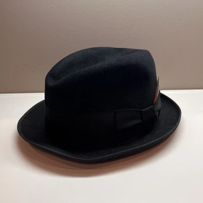 Vintage Penney's Marathon XXX Quality Black Fedora w/Feather & Pin Hat 7 1/8” - Image 1 of 4