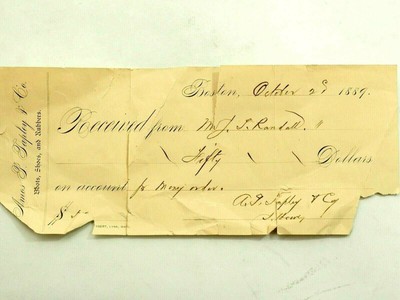 Amos R. Tapley E Co. Boots Shoes and Rubbers Draft Receipt to  J.L.Randall 1889