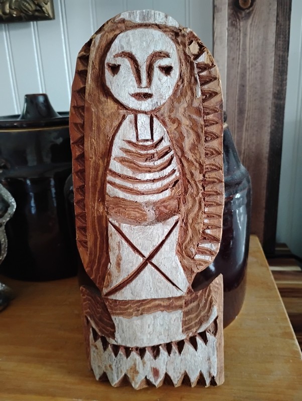 Vintage Pine Bark Wood Carving Indigenous Mexico Folk Art Religious Our lady?