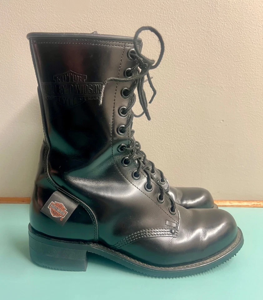 Harley Davidson USA Black Leather Zip Lace Up Motorcycle Combat Boots Men 8 1/2 - Image 2 of 4