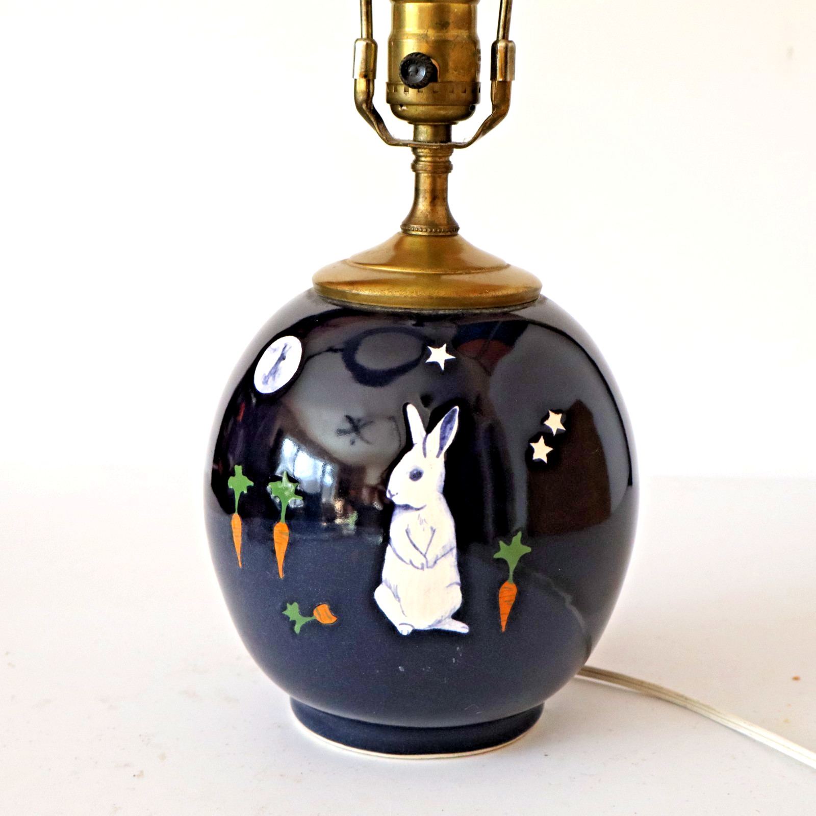 vtg Karen Howell Legend of Rabbit Moon LAMP pottery artisan bunny blue + finial
