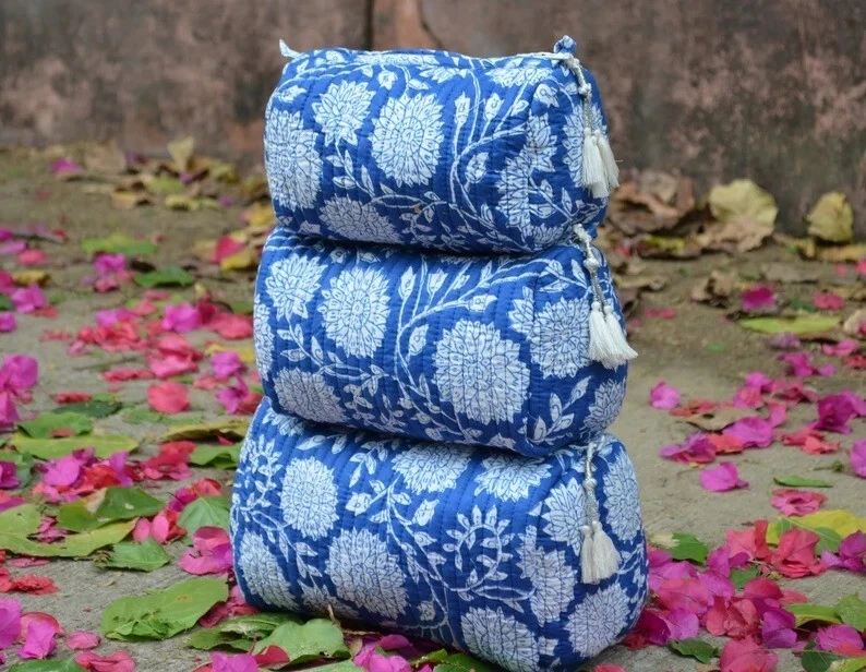 Indian Cotton Blue Floral Toiletry Bag Unisex Makeup Bags Waterproof 3 Pcs. Set