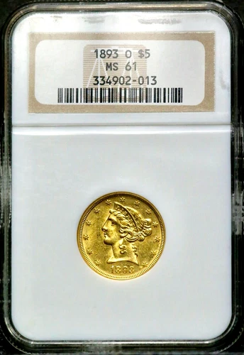1893-O $5 Gold Liberty Half Eagle - NGC MS 61 - New Orleans - Old Holder  CC394