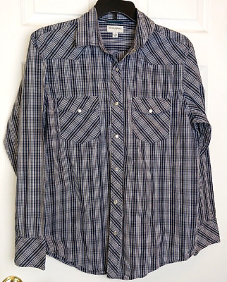 Western Snap Shirt Mens Large 16-16.5 Banana Republic Blue Plaid Work Wear #V24